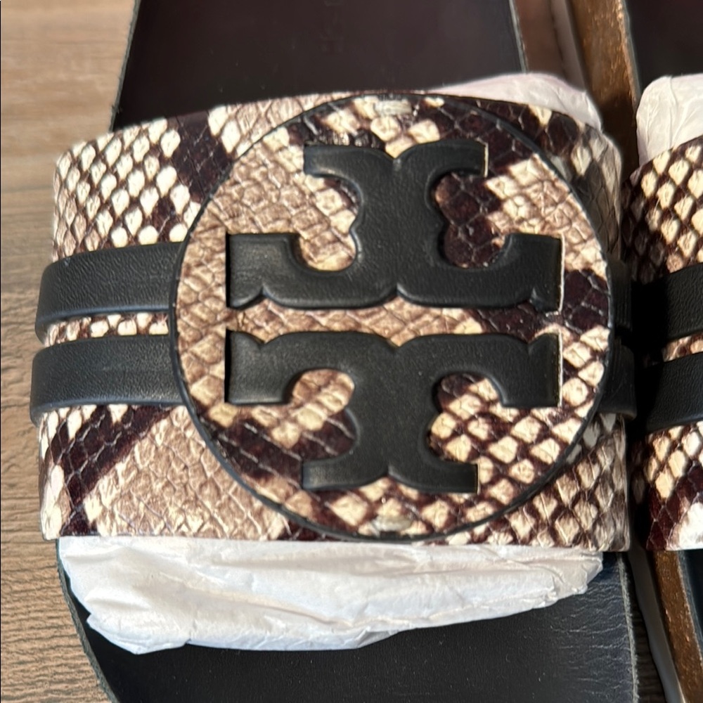 Tory Burch Black and Snake Print Slides - Picture 2 of 10